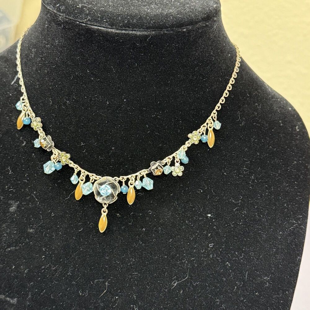 Baked Beads Necklace Gold Tone Aqua Glass Bead Floral Charm Station Womens 18" - Picture 3 of 10